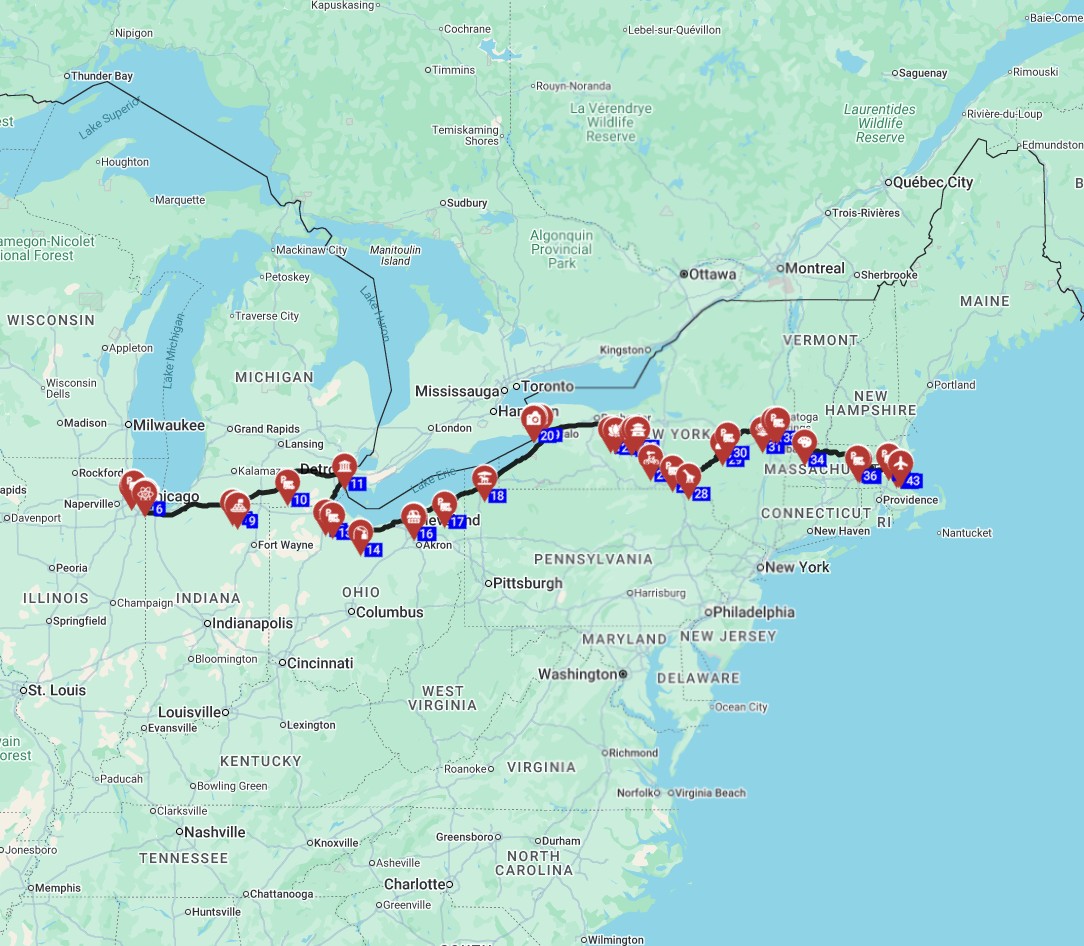 Map for Chicago to Boston - The Rust Belt to Revolution Route